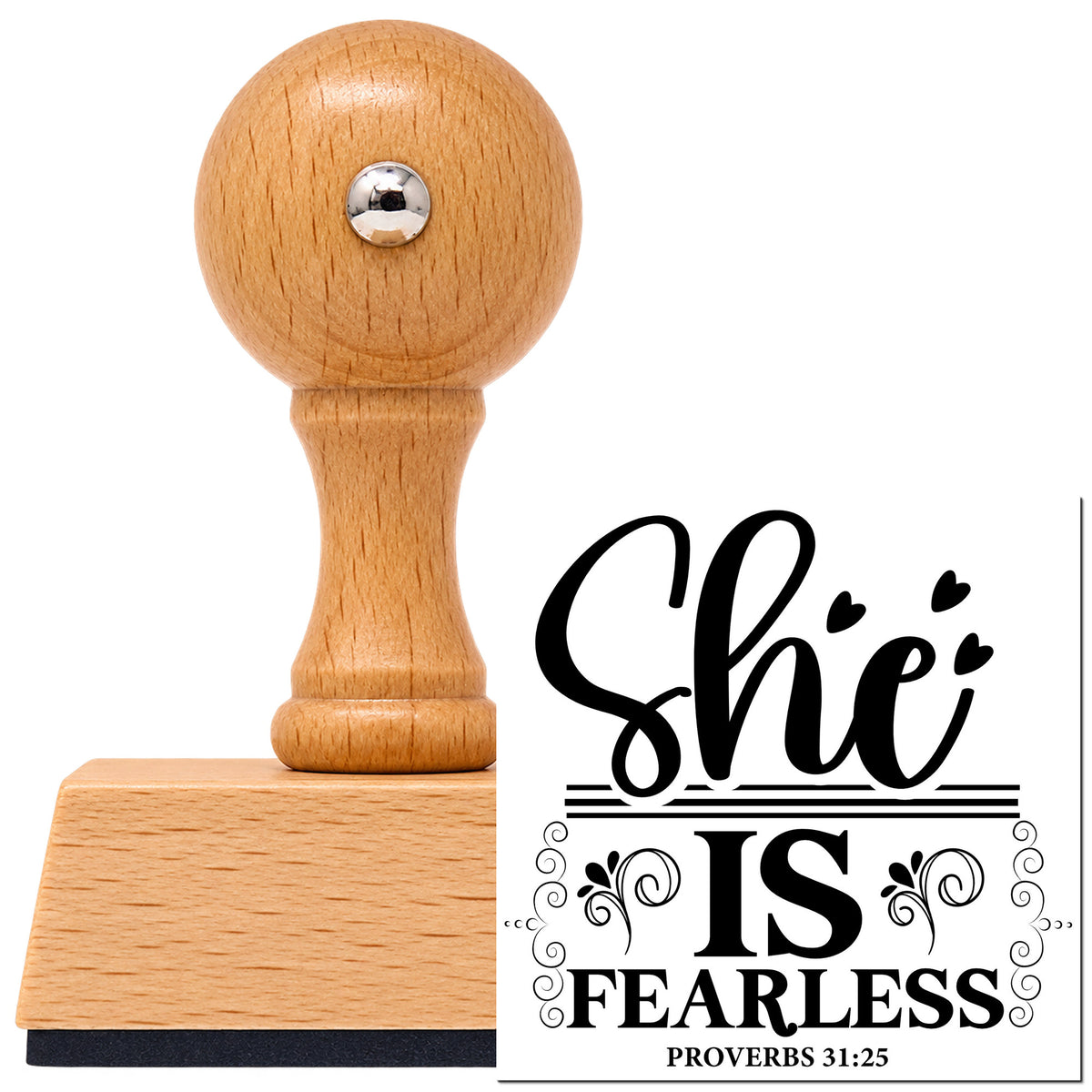 Vintage Pro beech wood stamp with a round knob handle, shown with its black She Is Fearless With Hearts imprint on white.