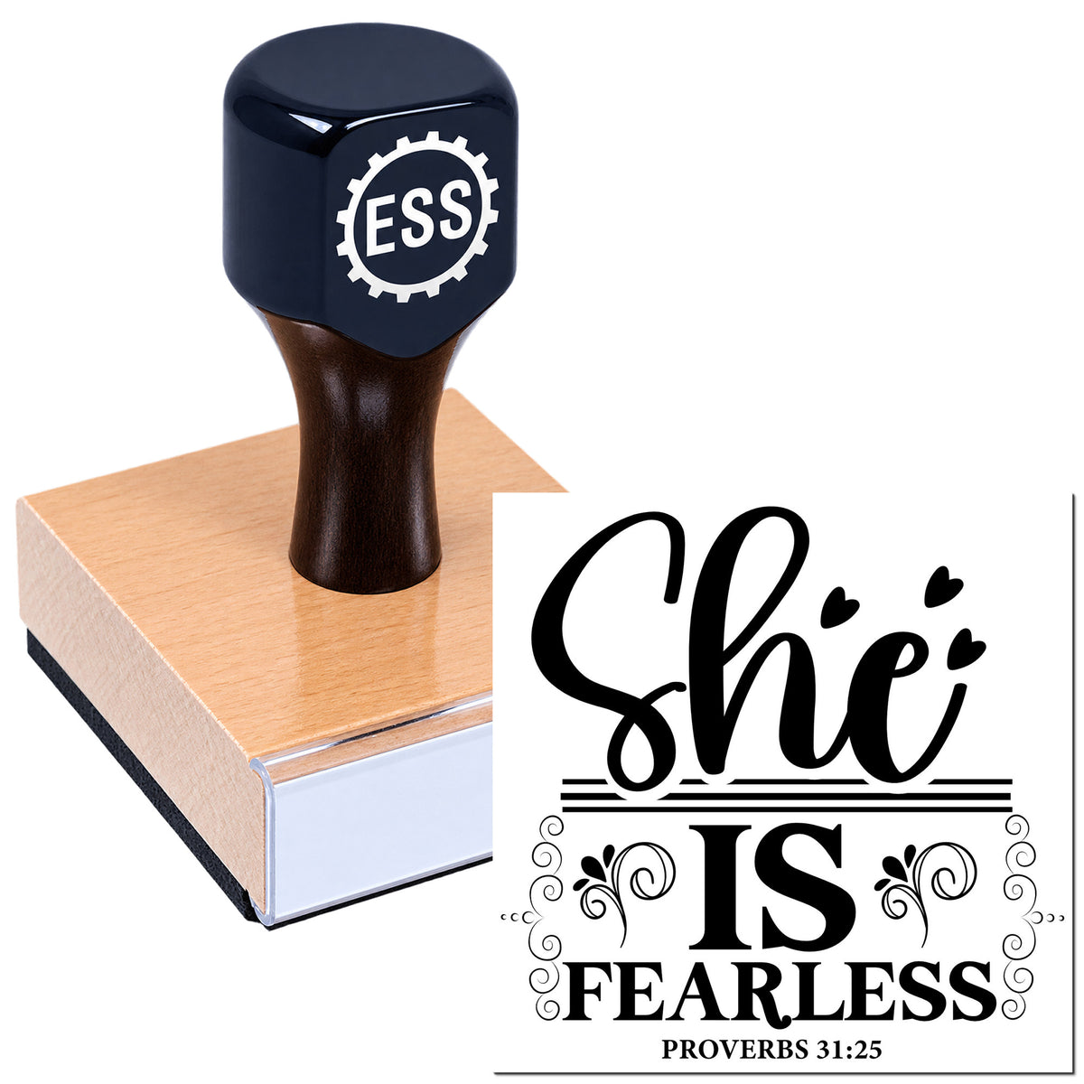 Black ESS stamp on pink block with decorative black seal reading "She is fearless" and Proverbs 31:25.