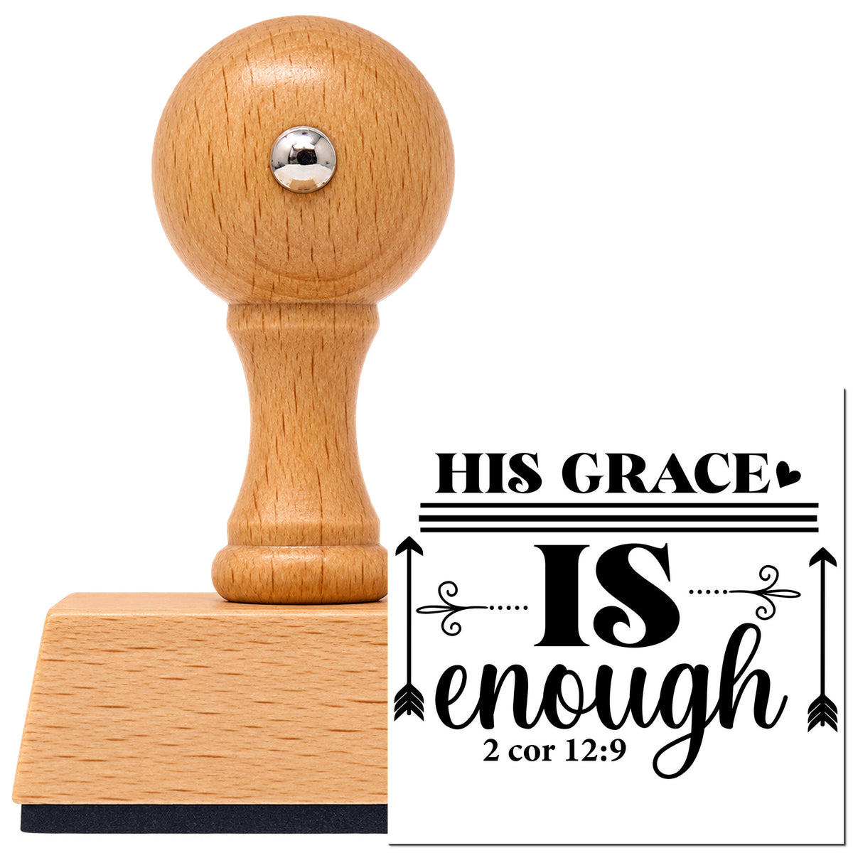 Vintage Pro beech wood stamp with a round knob handle, shown with its black His Grace Is Enough Arrows With Hearts imprint on white.