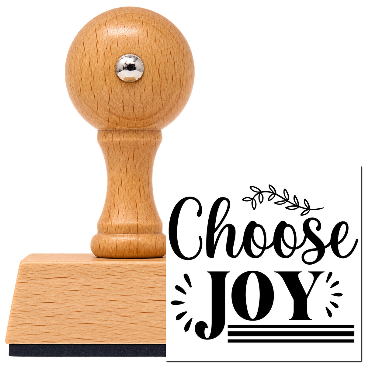 Vintage Pro beech wood stamp with a round knob handle, shown with its black Choose Joy Botanical Sprig imprint on white.
