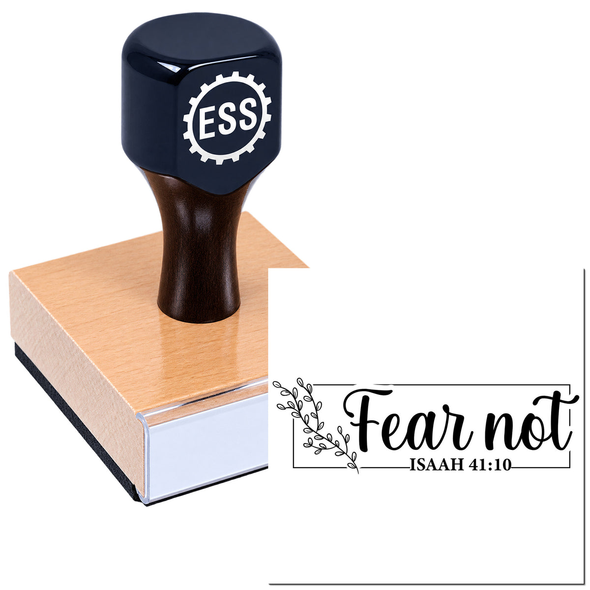 Black ESS self-inking stamp on wooden base with "Fear not Isaiah 41:10" decorative seal in black script and leaf border.