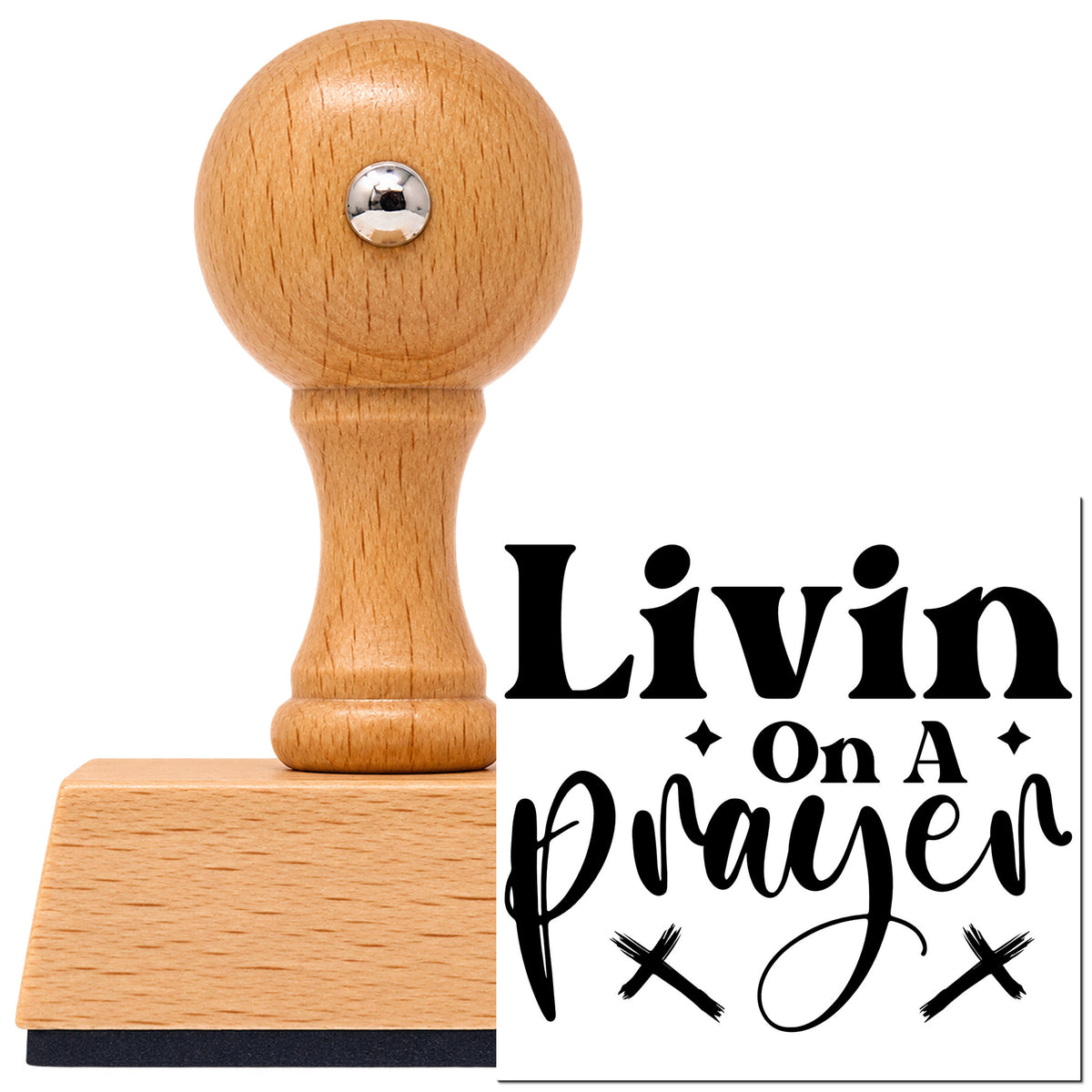 Vintage Pro beech wood stamp with a round knob handle, shown with its black Livin On A Prayer imprint on white.