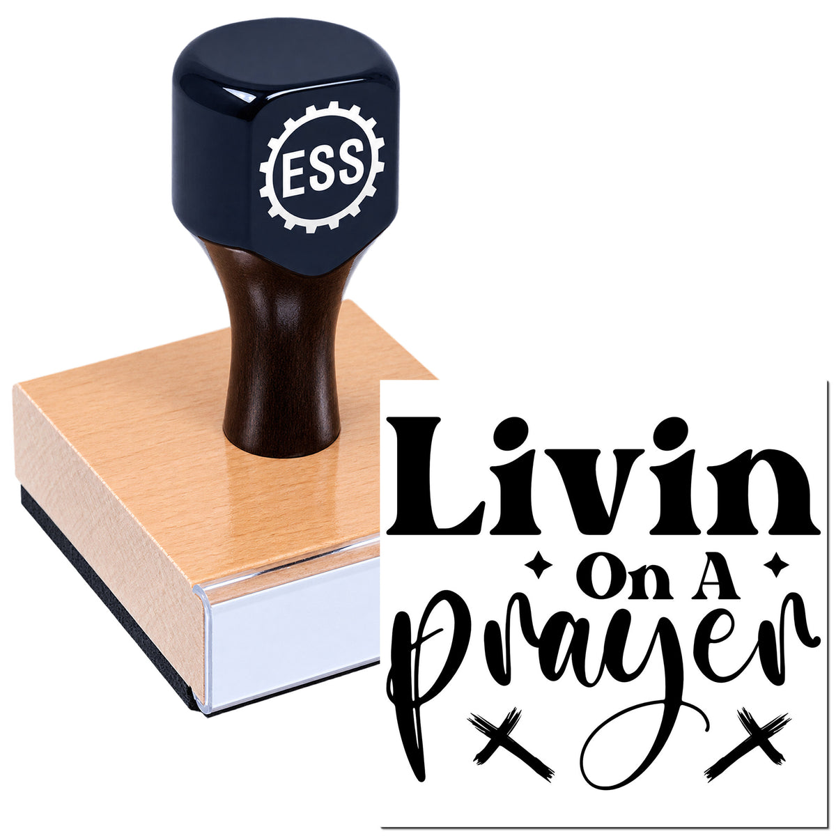 Black ESS rubber stamp on pink seal block with "Livin On A Prayer" text design.