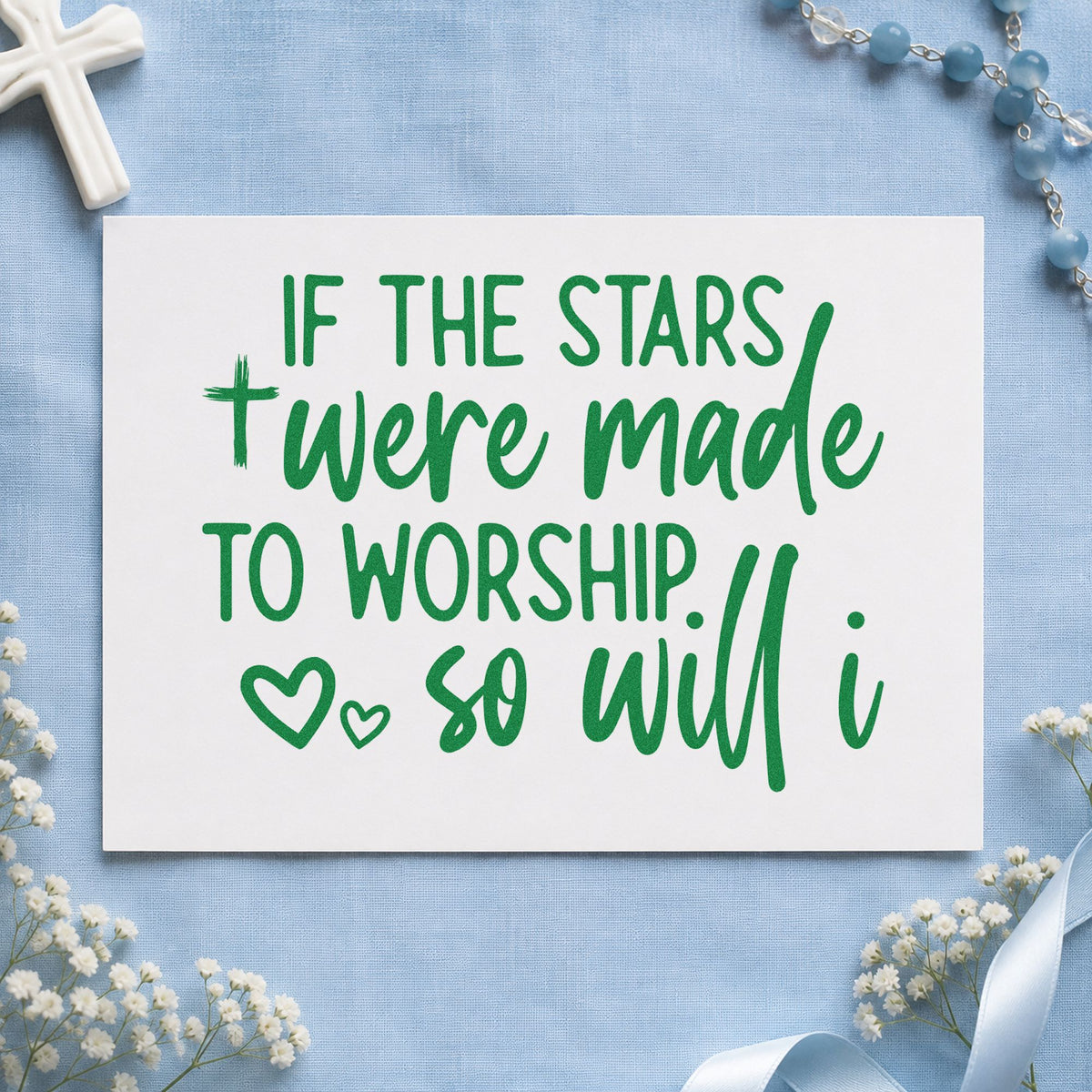 Stars Were Made to Worship craft stamp imprint in green ink on a handmade project, one idea being astronomy gift tags.