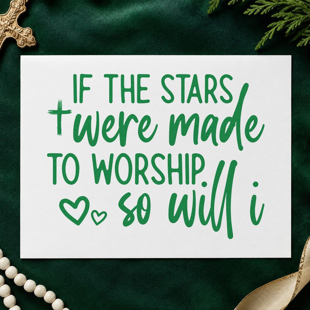 Stars Were Made to Worship craft stamp imprint in green ink on a handmade project, one idea being framed nursery art.
