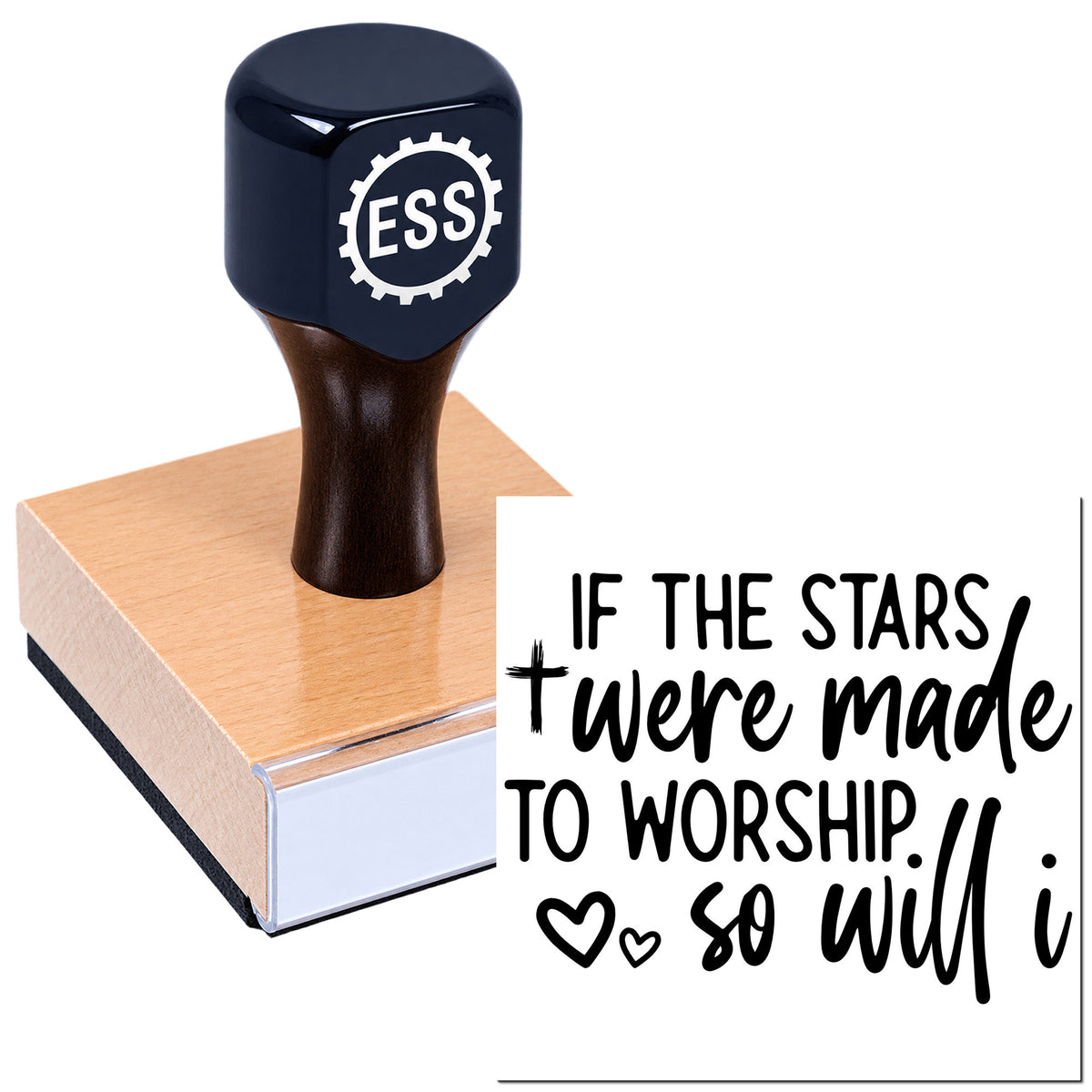 Dark navy ESS rubber stamp on a copper seal block, with white logo and black quote design.
