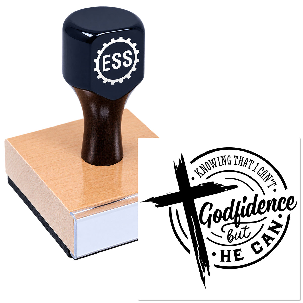 Black custom stamp with ESS logo on a wood handle beside a round "Godfidence" seal design on white background.