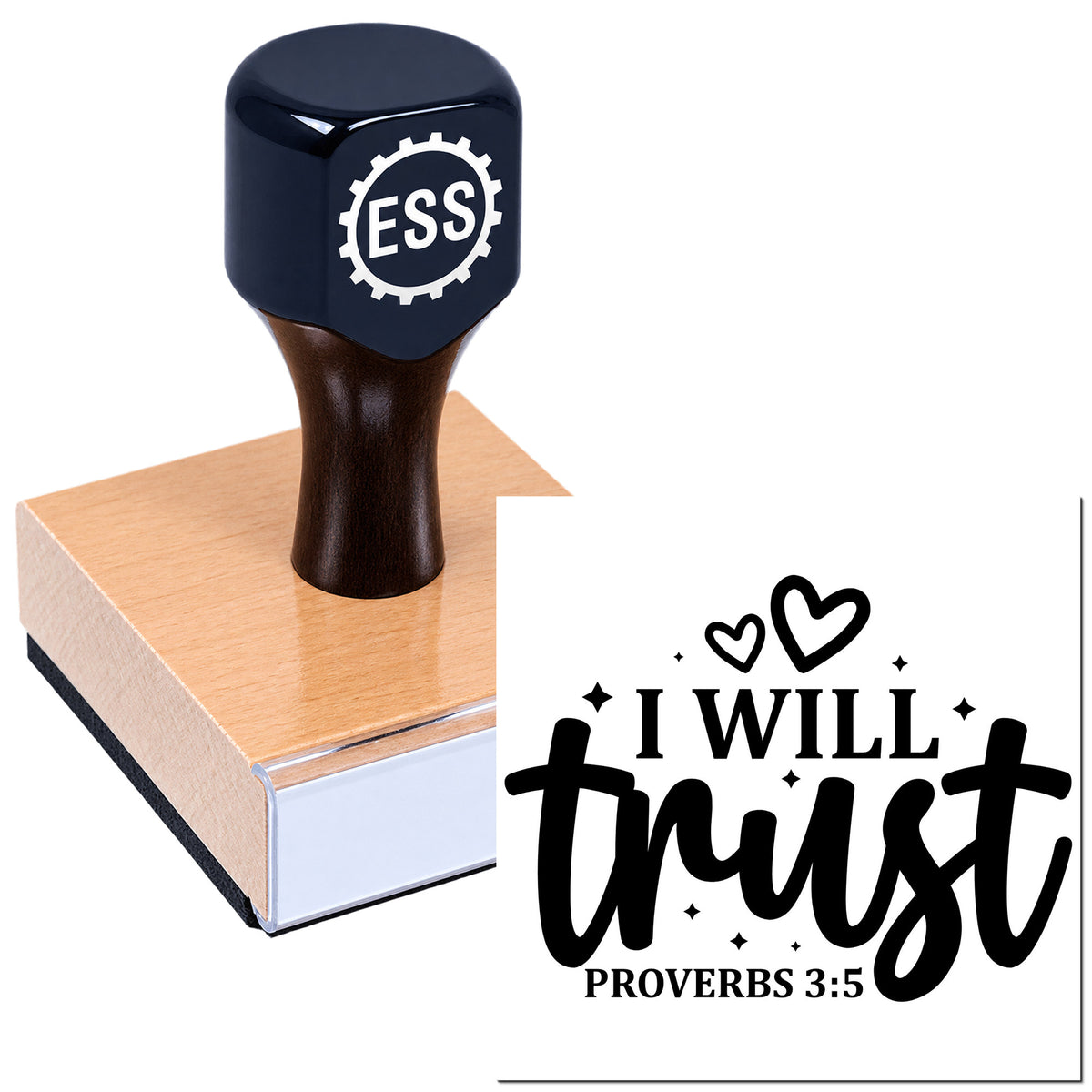 Black ESS stamp and seal on a wooden block, beside a "I Will Trust" Proverbs 3:5 imprint.