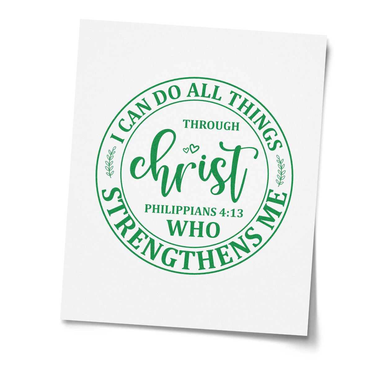 Christ Strengthens Me Circle rubber stamp shown in green ink, stamped for projects such as medal ribbon tags.