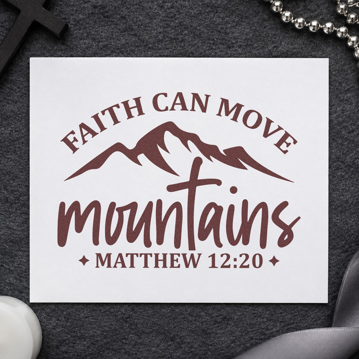 Faith Moves Mountains Peaks rubber stamp printed in brown ink, ready for hike pages and similar paper crafts.