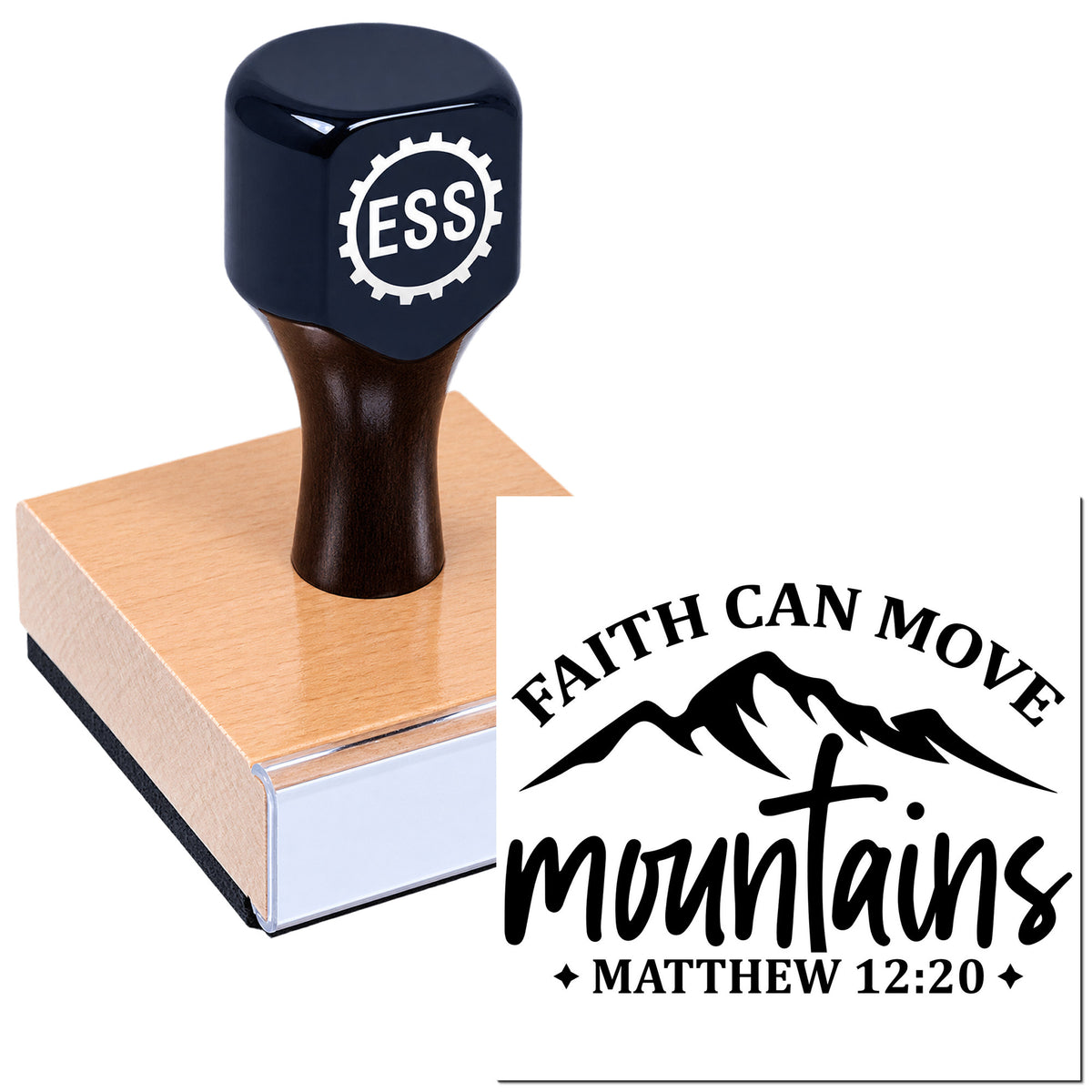 Dark navy custom rubber stamp on wood block beside black "Faith Can Move Mountains" seal, Matthew 12:20.