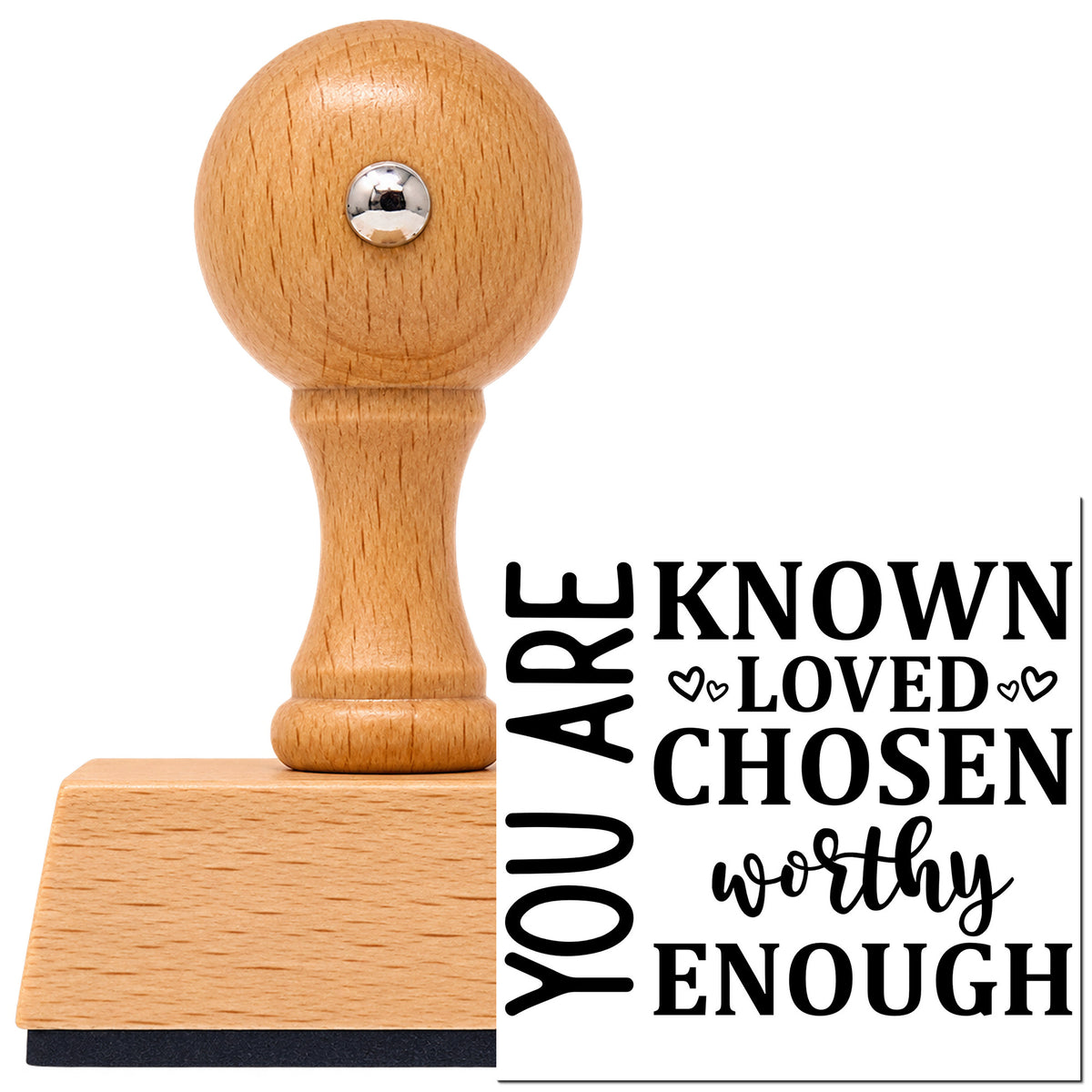 Vintage Pro beech wood stamp with a round knob handle, shown with its black You Are Known Loved Chosen imprint on white.