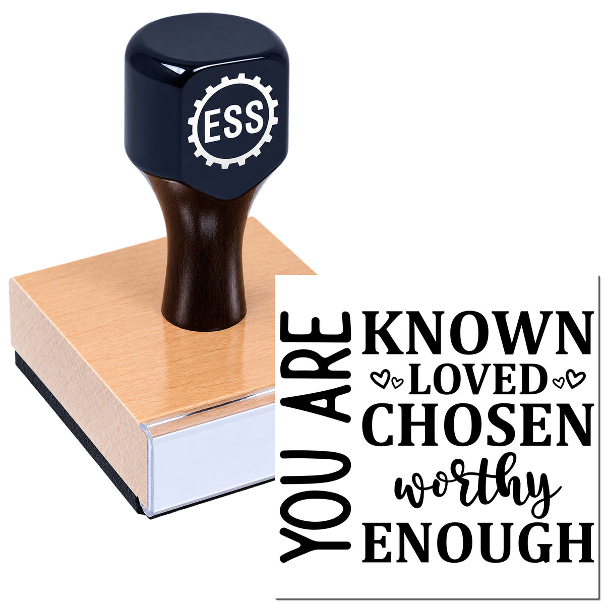 Black ESS rubber stamp on a pink block beside a bold black "Are You Known Loved Chosen Worthy Enough" seal design.