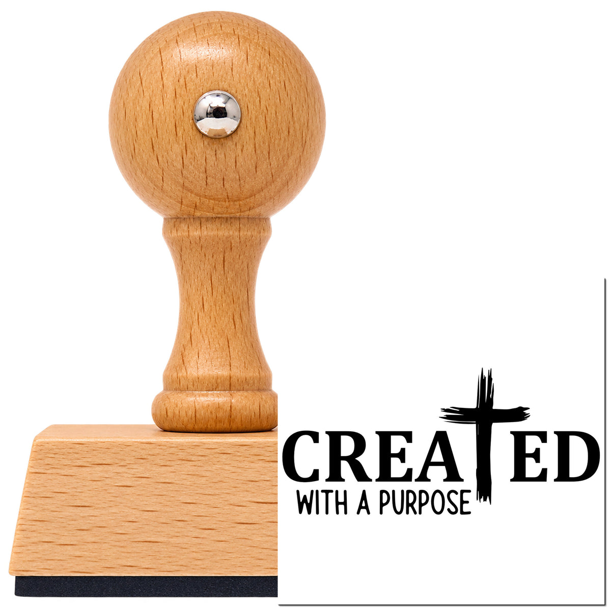 Vintage Pro beech wood stamp with a round knob handle, shown with its black Created Brushstroke Cross imprint on white.