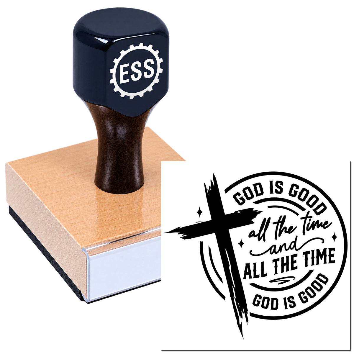 Black ESS rubber stamp and seal product with wooden base and circular "God is Good" Christian design.