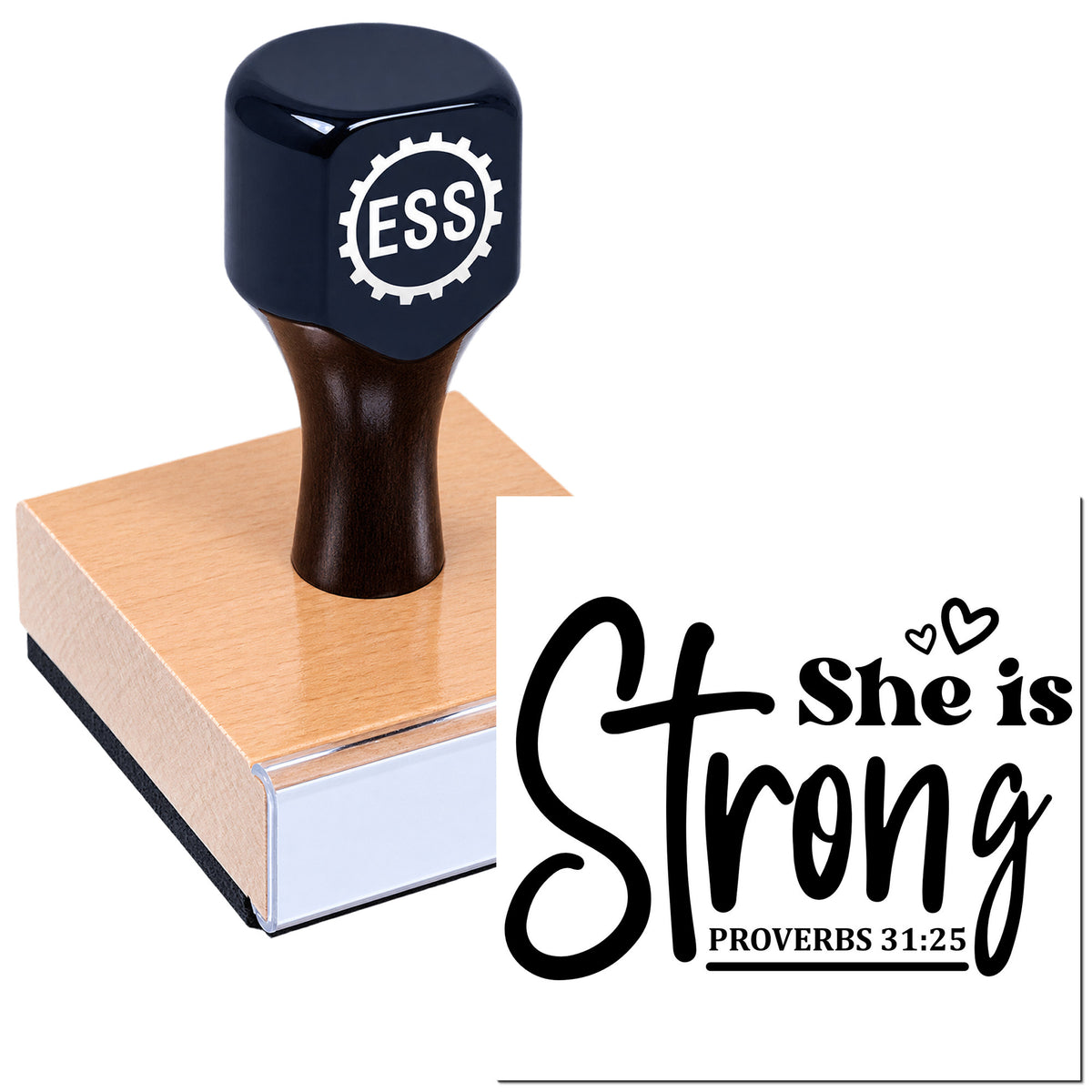 Dark navy self-inking stamp with ESS logo on wooden block, showing "She is Strong Proverbs 31:25" seal design.