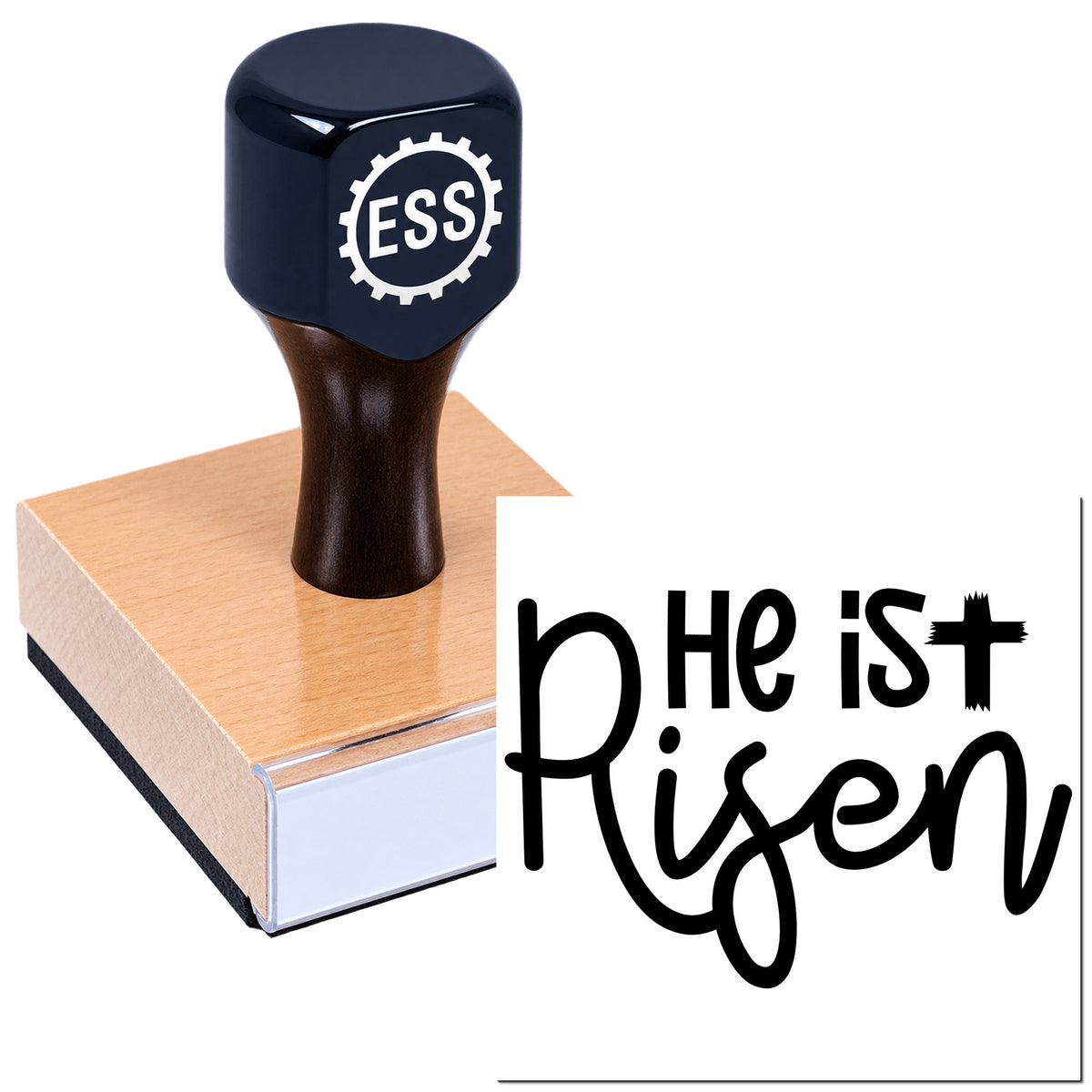 Black ESS stamp seal on copper base, paired with bold "He Is Risen" lettering on a white background.