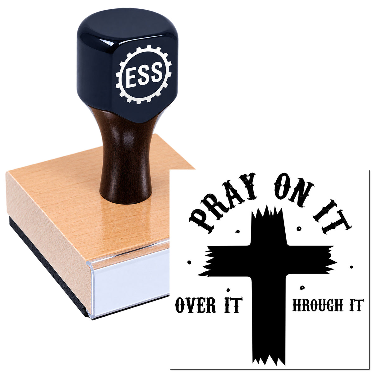 Dark blue ESS rubber stamp on a pink wooden block beside a black "Pray on It" seal graphic with cross.