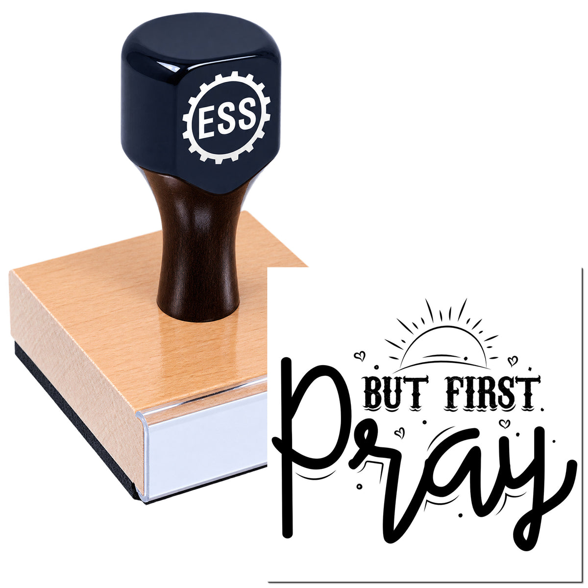 Navy ESS stamp and seal on copper-toned block, with black "but first pray" design preview
