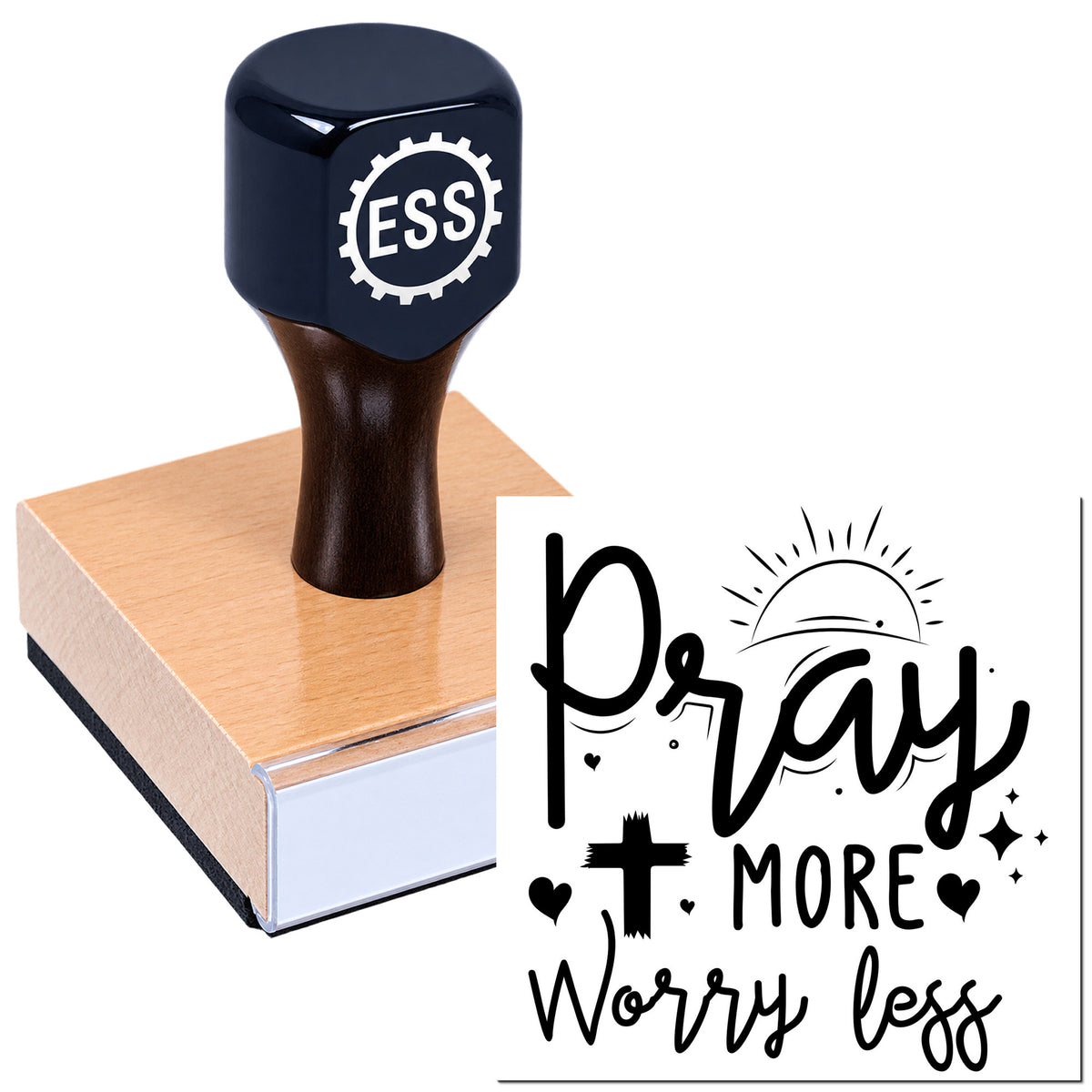 Dark navy ESS rubber stamp on a wooden block beside a black "Pray more Worry less" seal design.