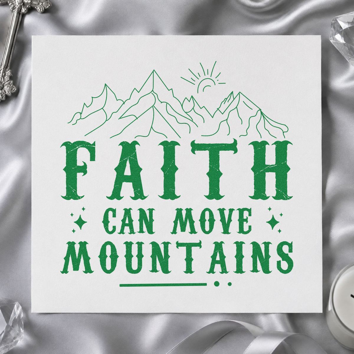 Faith Can Move Mountains Peaks craft stamp imprint in green ink on a handmade project, one idea being camp counselor gifts.