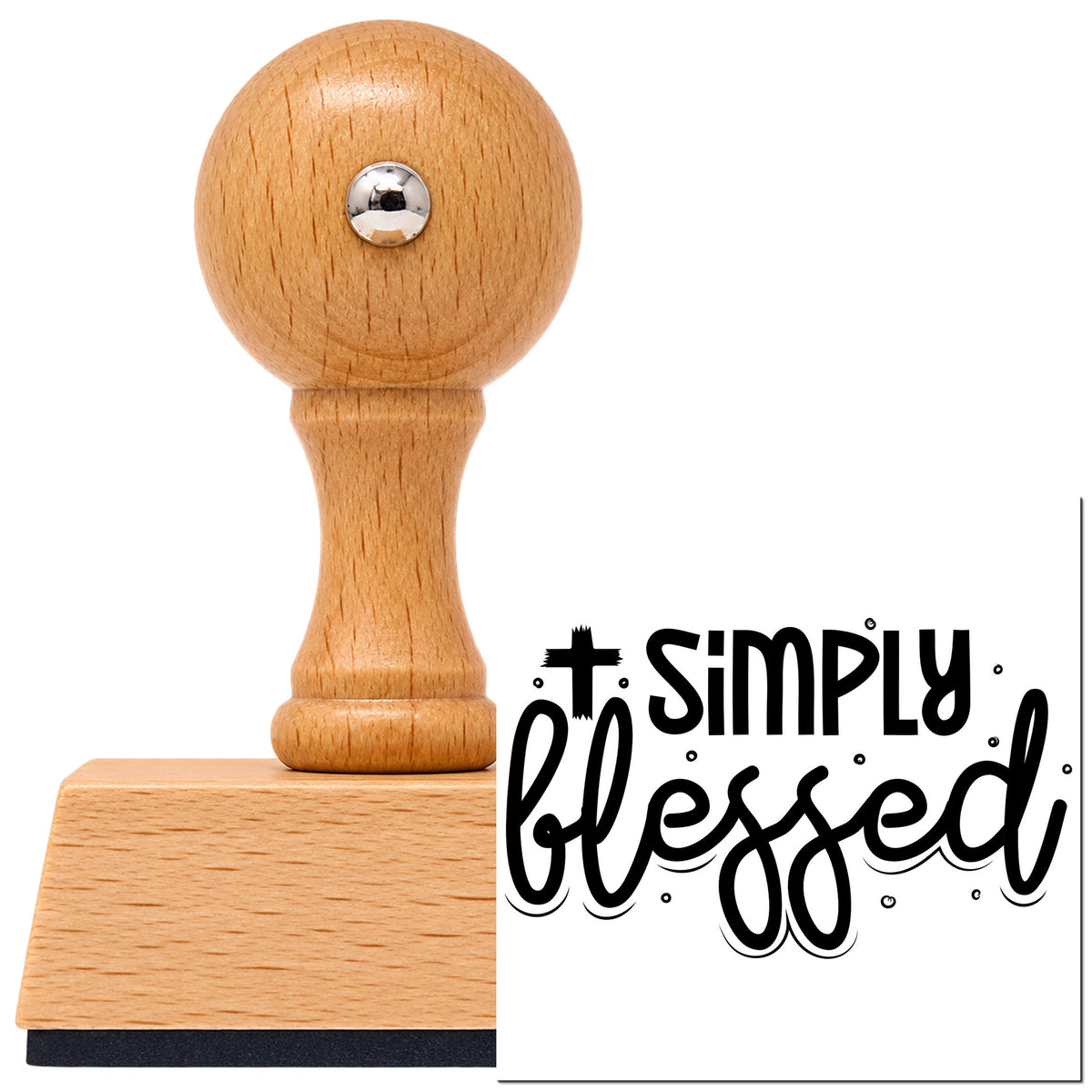 Vintage Pro beech wood stamp with a round knob handle, shown with its black Simply Blessed Cross imprint on white.