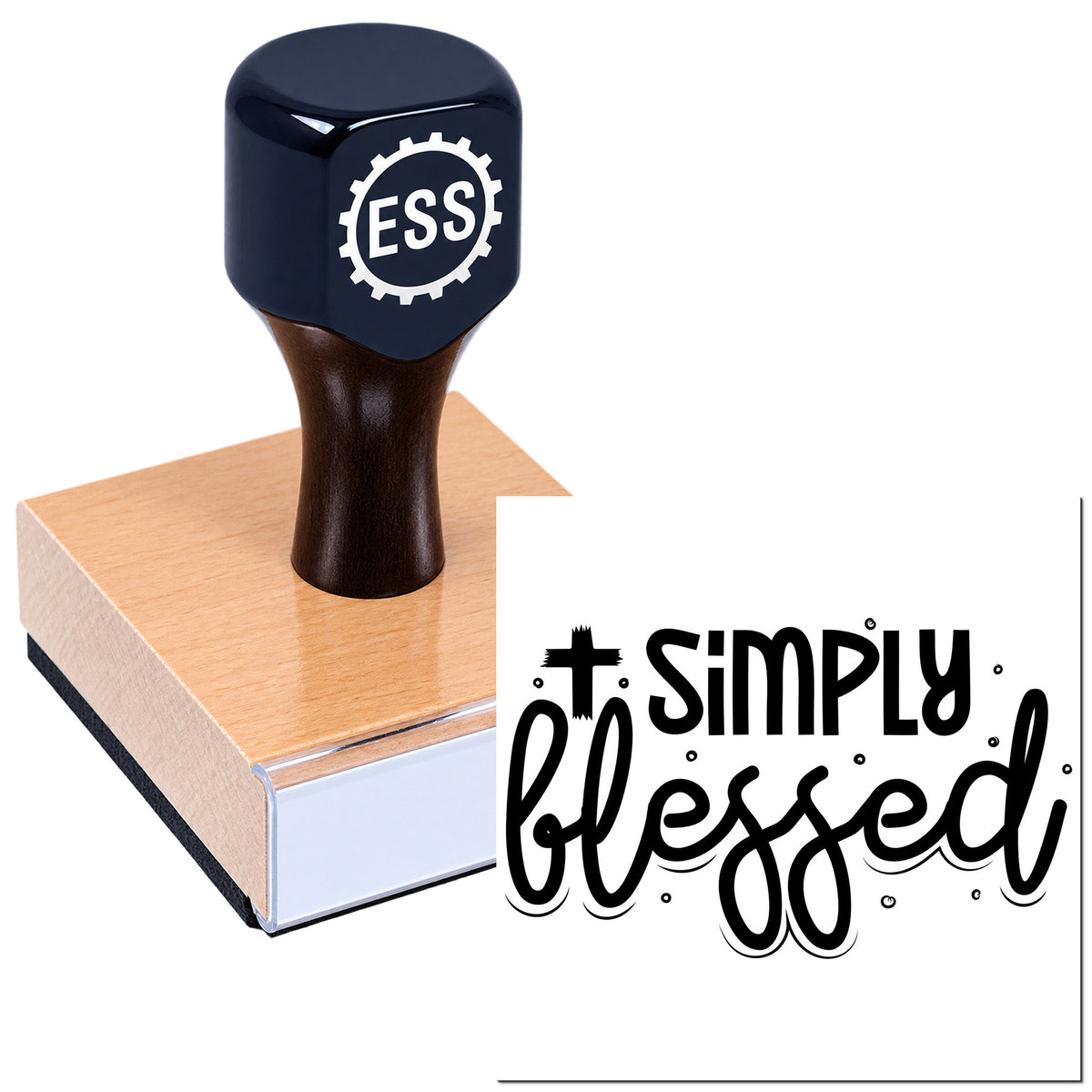 Navy ESS custom stamp and seal on pink block with black "Simply Blessed" design.