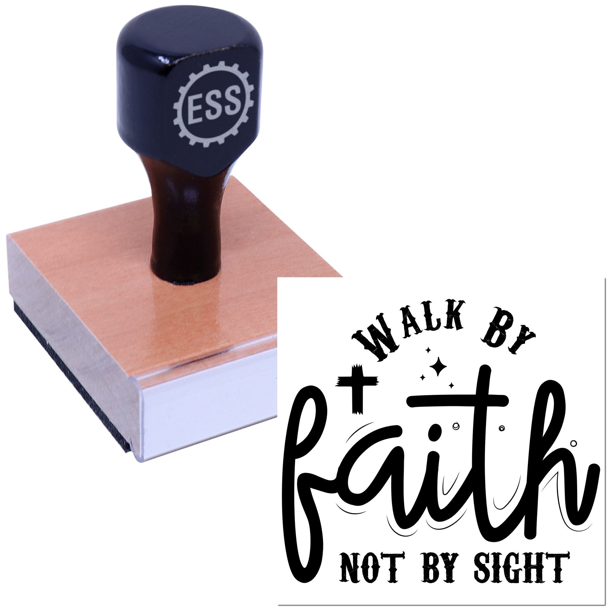 Black ESS stamp on a light wood block with a black Walk by faith, not by sight seal design.