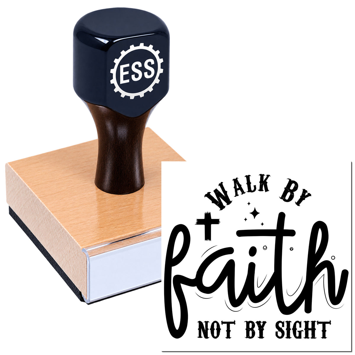 Black ESS stamp on a light wood block with a black "Walk by faith, not by sight" seal design.