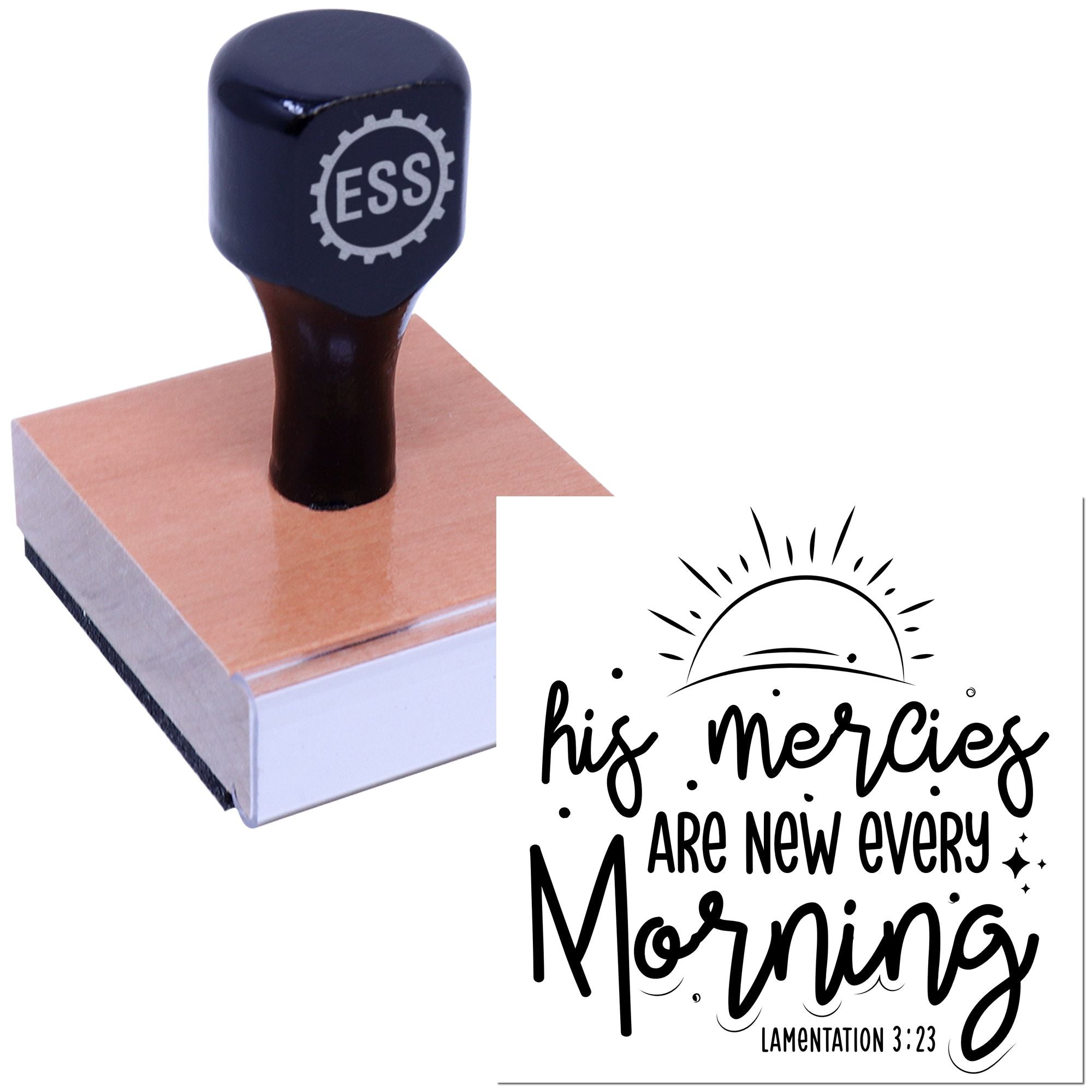 Dark blue custom stamp and seal with ESS gear logo, beside a black His mercies are new every morning sunrise design.
