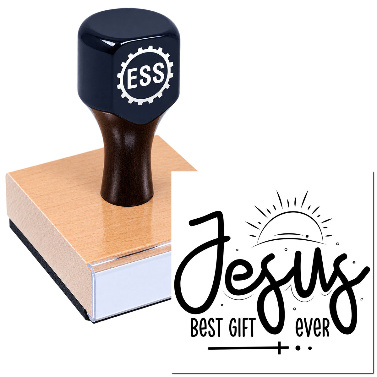 Dark blue ESS rubber stamp on wooden block with black Jesus "best gift ever" seal design.