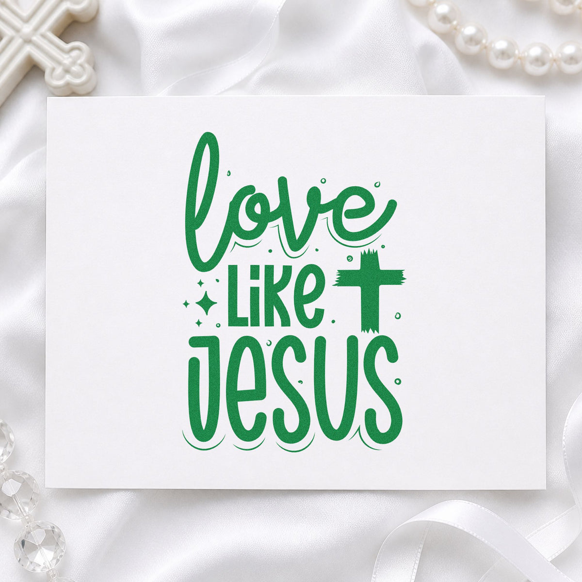 Love Like Jesus craft stamp imprint in green ink on a handmade project, one idea being framed kitchen art.