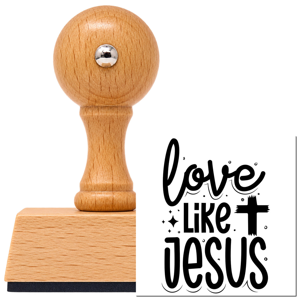 Vintage Pro beech wood stamp with a round knob handle, shown with its black Love Like Jesus With Cross imprint on white.