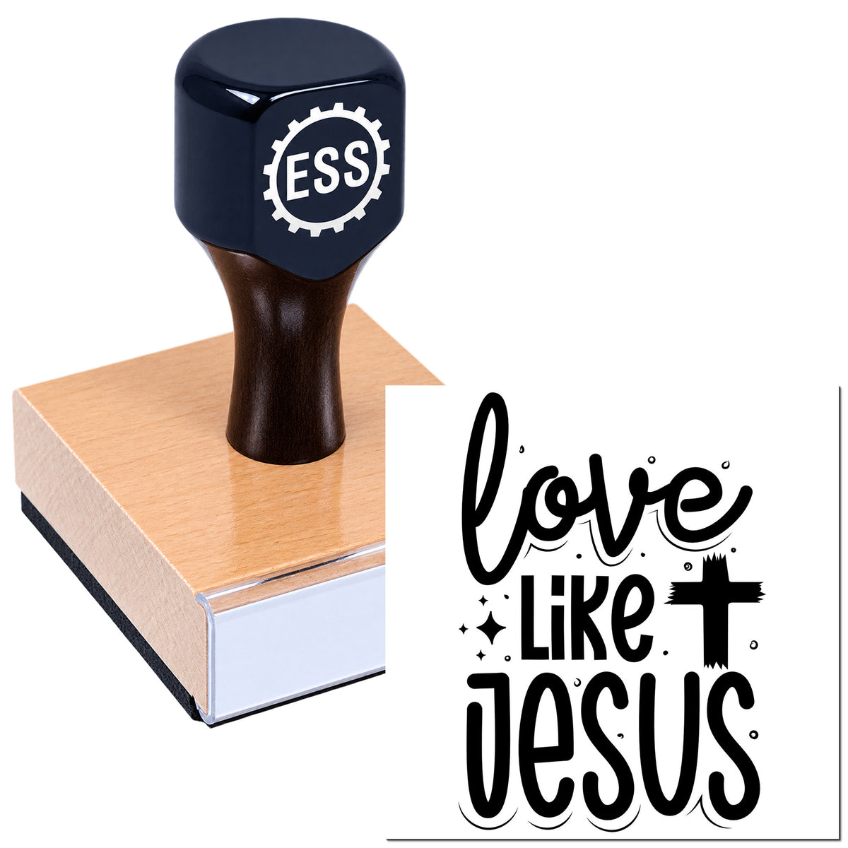 Black ESS self-inking stamp on a wooden block, featuring a "love like Jesus" seal design in black and white.