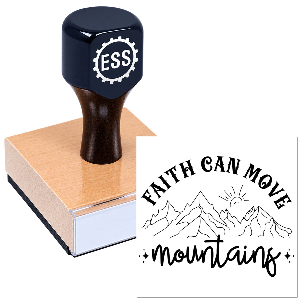 Black ESS stamp on a pink-and-white seal block with a custom "Faith Can Move Mountains" mountain logo seal.