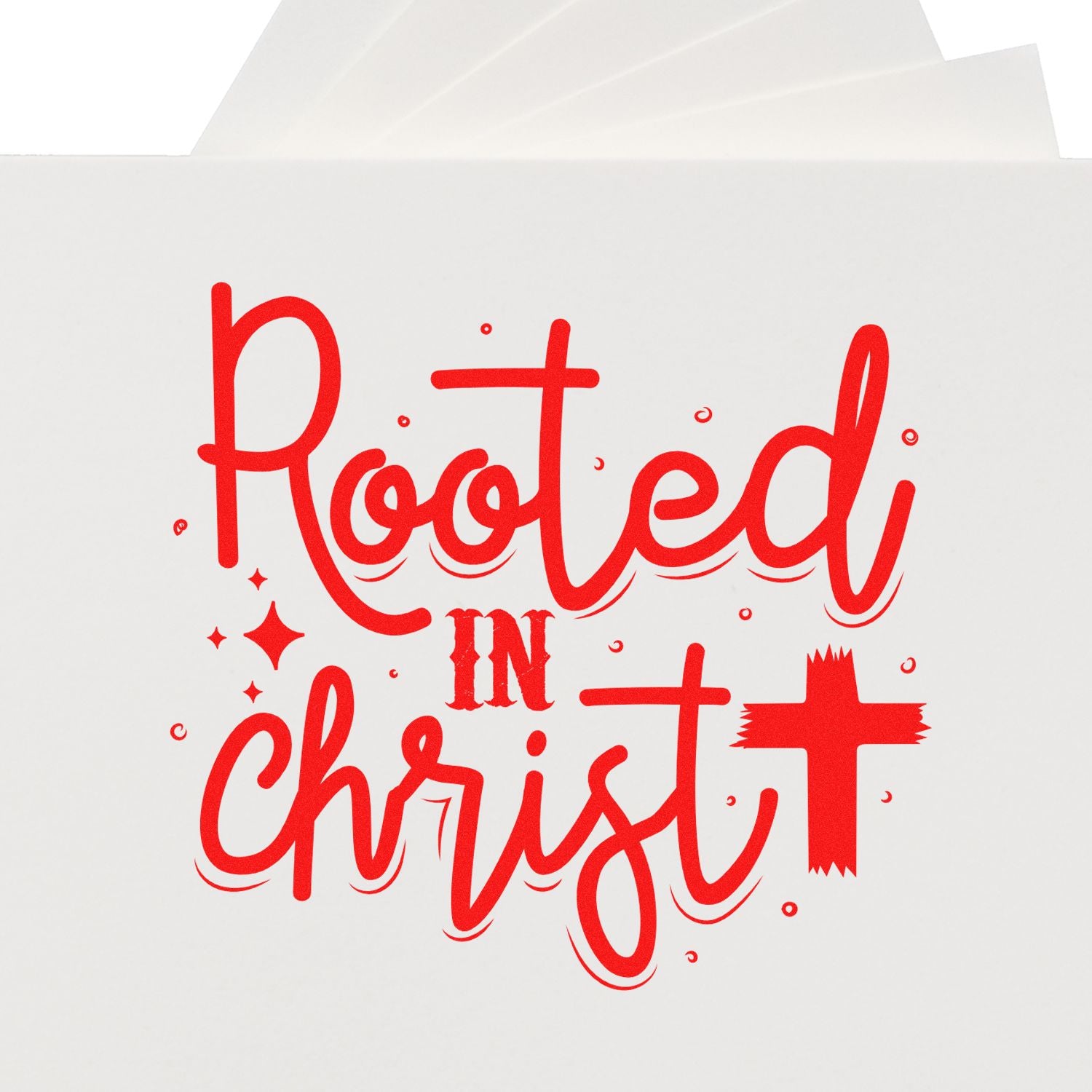 Red Rooted in Christ custom stamp seal with cross, in bright red on a white background.