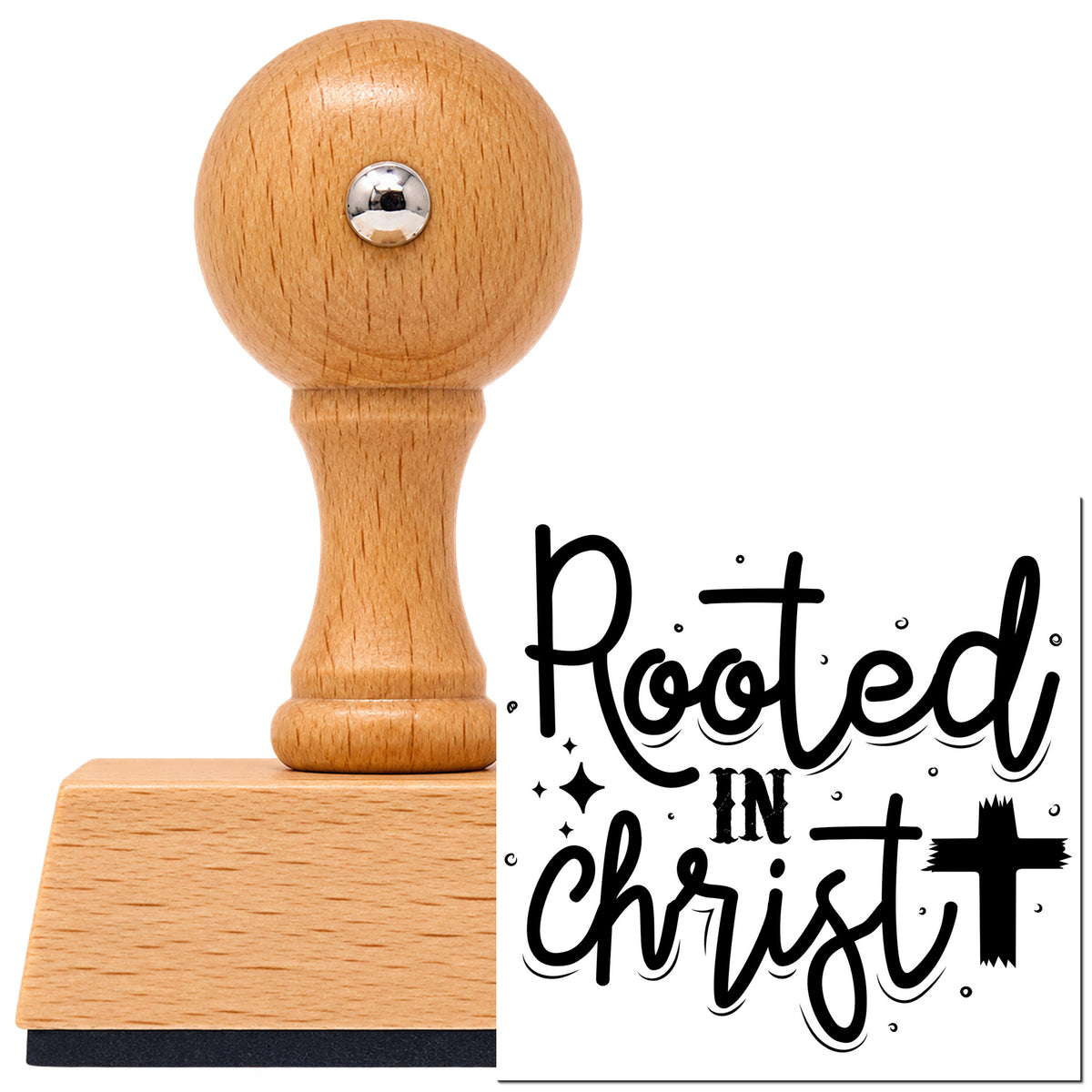 Vintage Pro beech wood stamp with a round knob handle, shown with its black Rooted In Christ Script Lettering imprint on white.