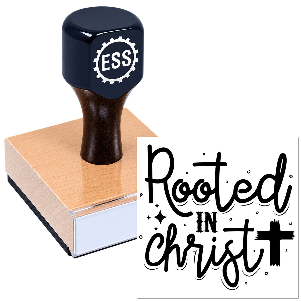 Black ESS stamp on a copper-toned block beside a black "Rooted in Christ" seal with cross and sparkles