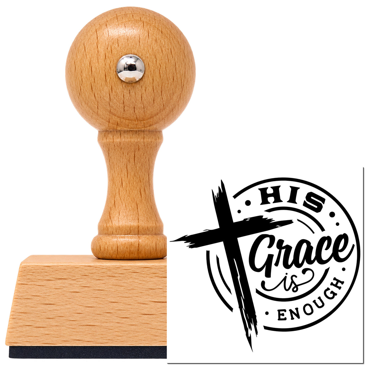 Vintage Pro beech wood stamp with a round knob handle, shown with its black His Grace Is Enough Badge imprint on white.