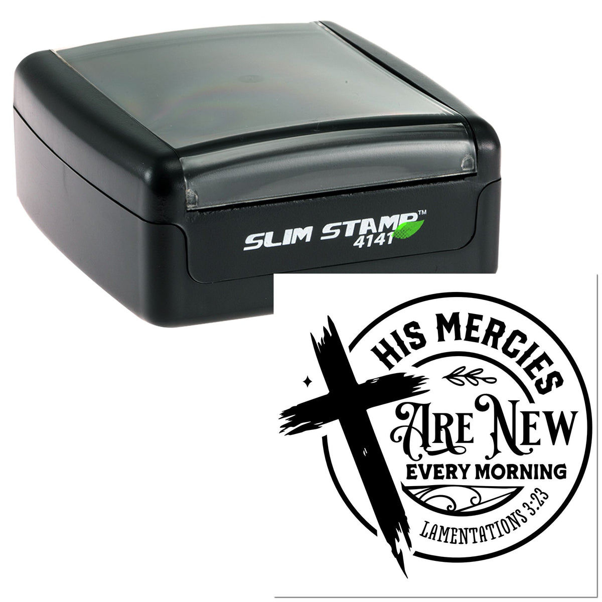 Black Slim Stamp 4141 self-inking seal with circular church logo reading His Mercies Are New Every Morning in bold black.
