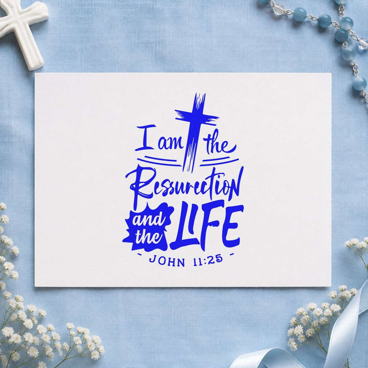 Resurrection and Life craft stamp in blue ink on cardstock, an easy option for choir robe totes.