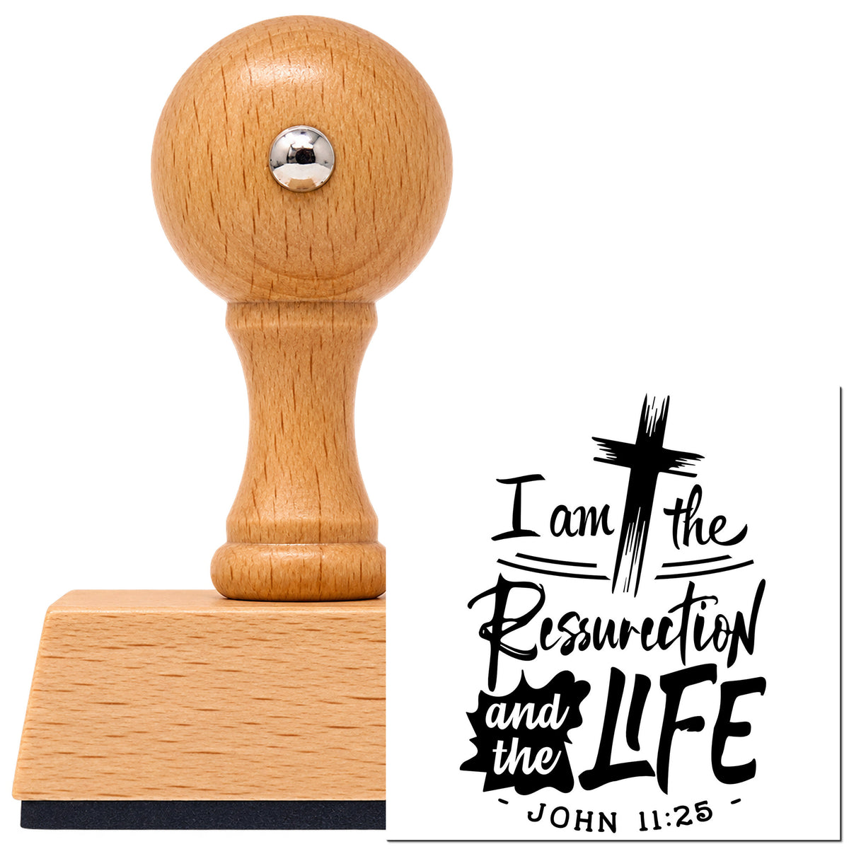 Vintage Pro beech wood stamp with a round knob handle, shown with its black I Am The Resurrection And The Life imprint on white.