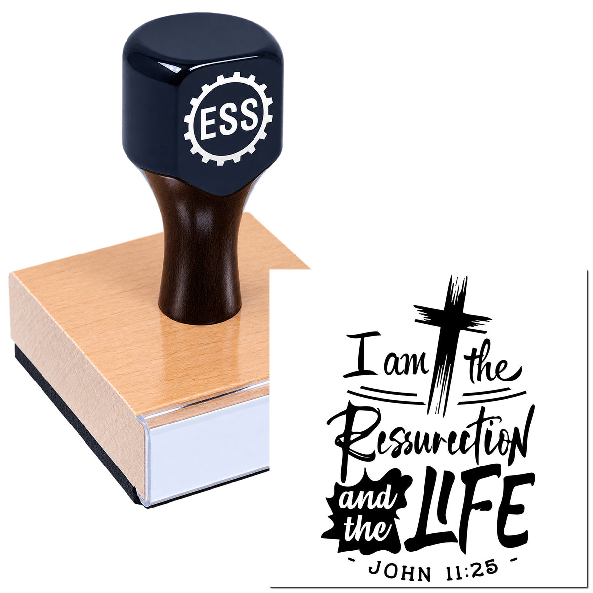 Dark blue rubber stamp and seal on wooden block, with Christian "I am the Resurrection and the LIFE" design in black.