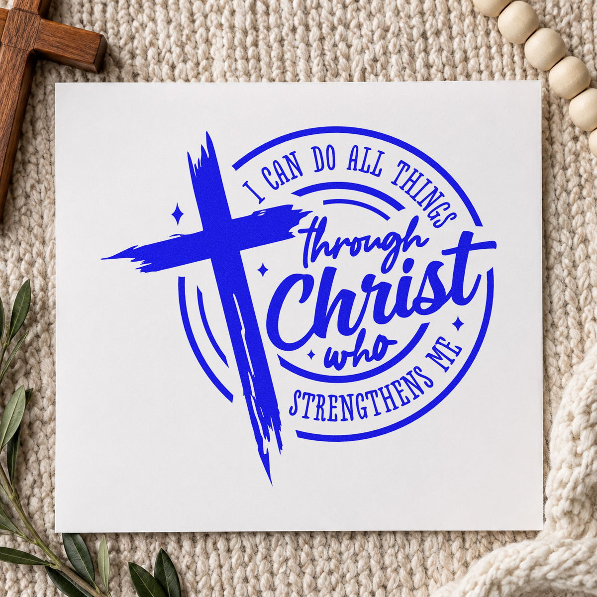 All Things Through Christ Badge craft stamp in blue ink on cardstock, an easy option for marathon bib totes.