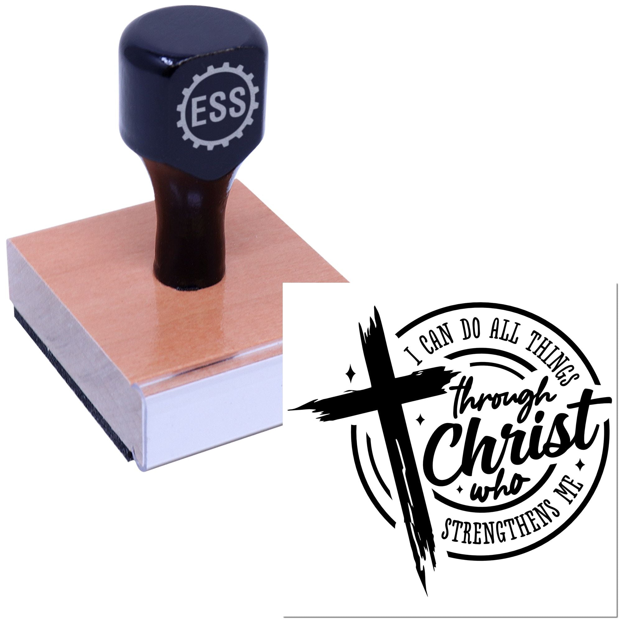 Black custom stamp and seal with ESS logo on a wooden block, showing a circular Christian cross design in black and white.