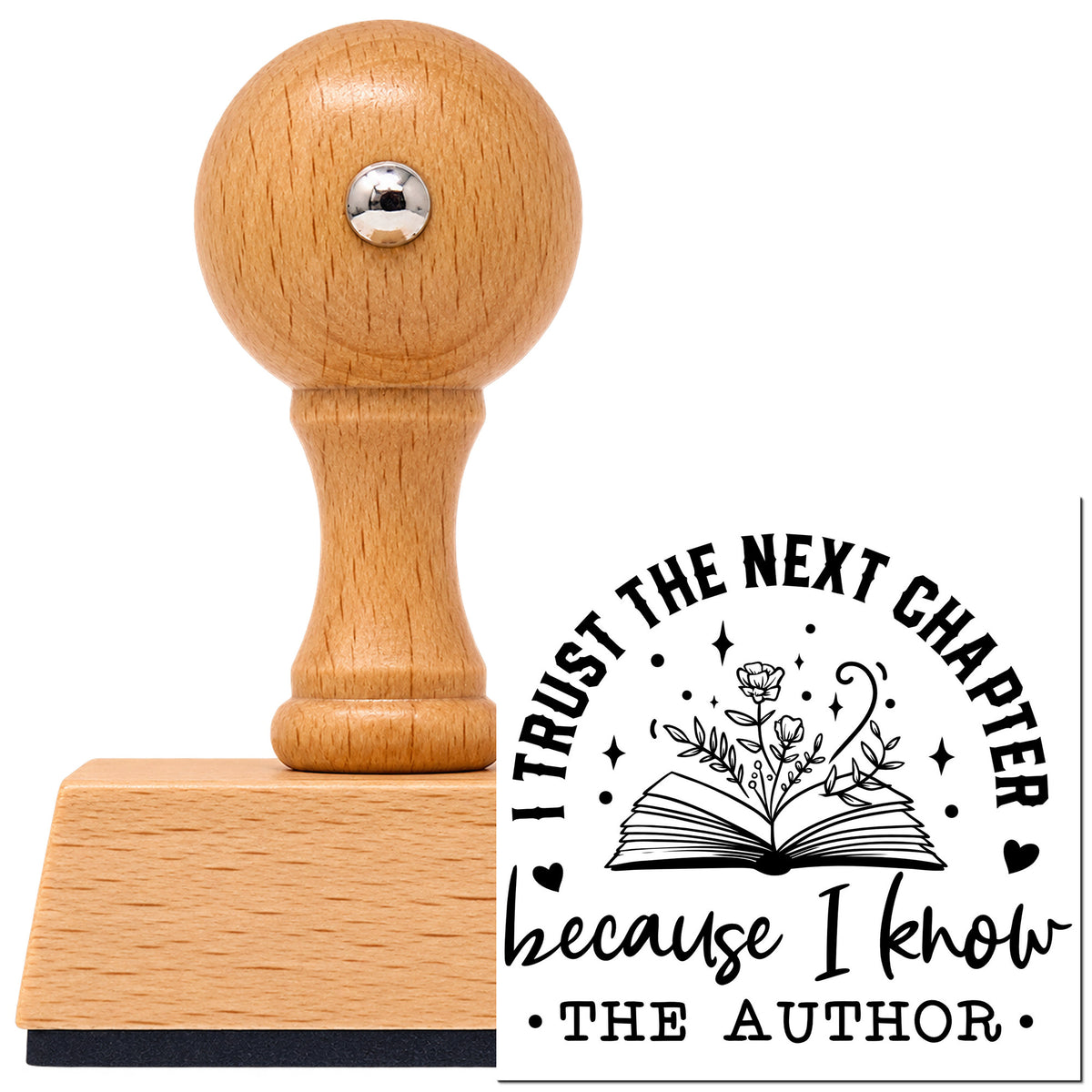 Vintage Pro beech wood stamp with a round knob handle, shown with its black Trust The Author Open Book imprint on white.