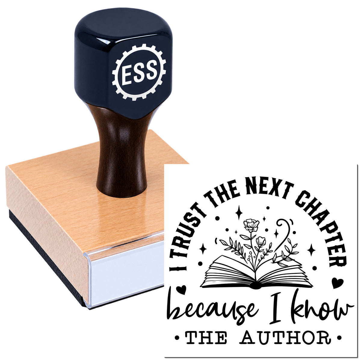 Black ESS self-inking stamp on a pink block beside a custom seal featuring an open book and floral design.