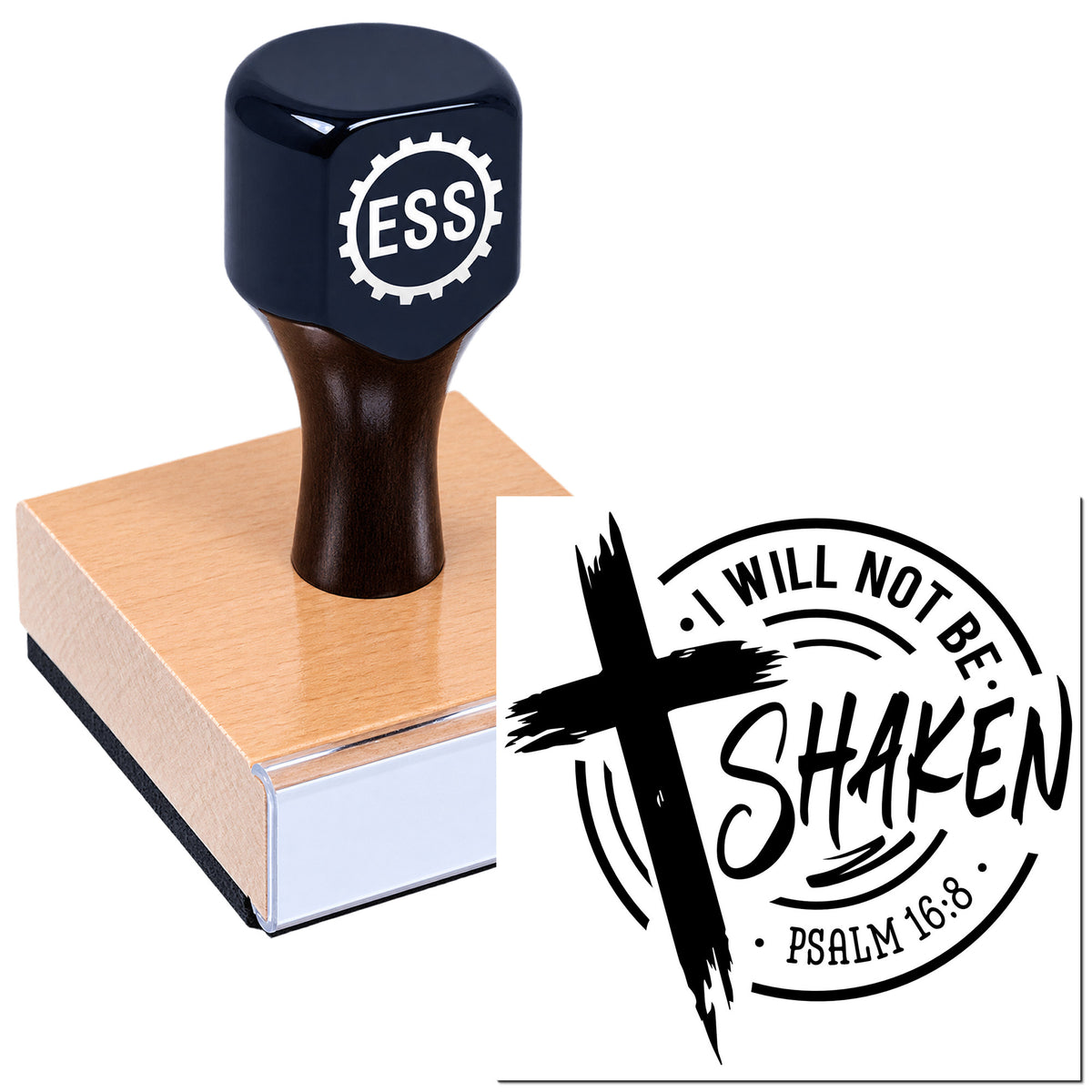 Dark navy rubber stamp on a wooden block with black seal design reading "I will not be shaken" and ESS logo.