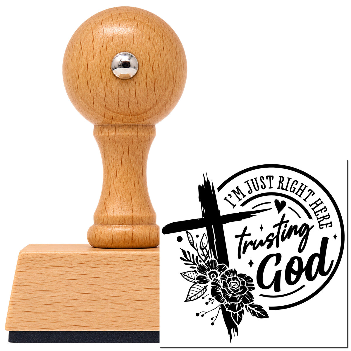 Vintage Pro beech wood stamp with a round knob handle, shown with its black Trusting God Solid Roses imprint on white.