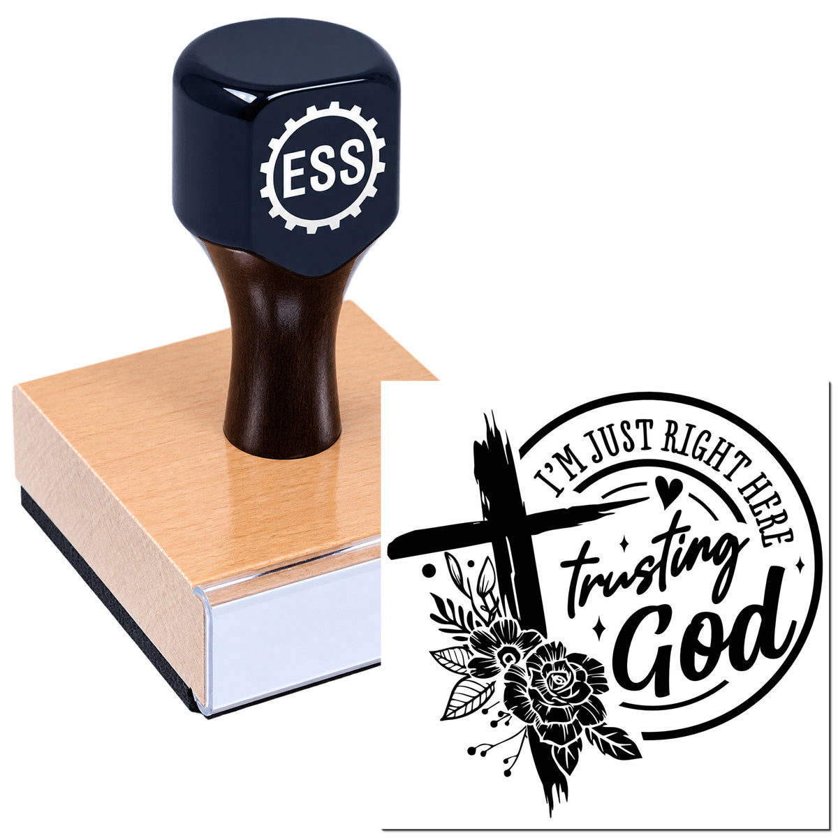 Dark blue ESS rubber stamp on wooden block beside black seal with cross, flowers, and "I'm just right here trusting God"
